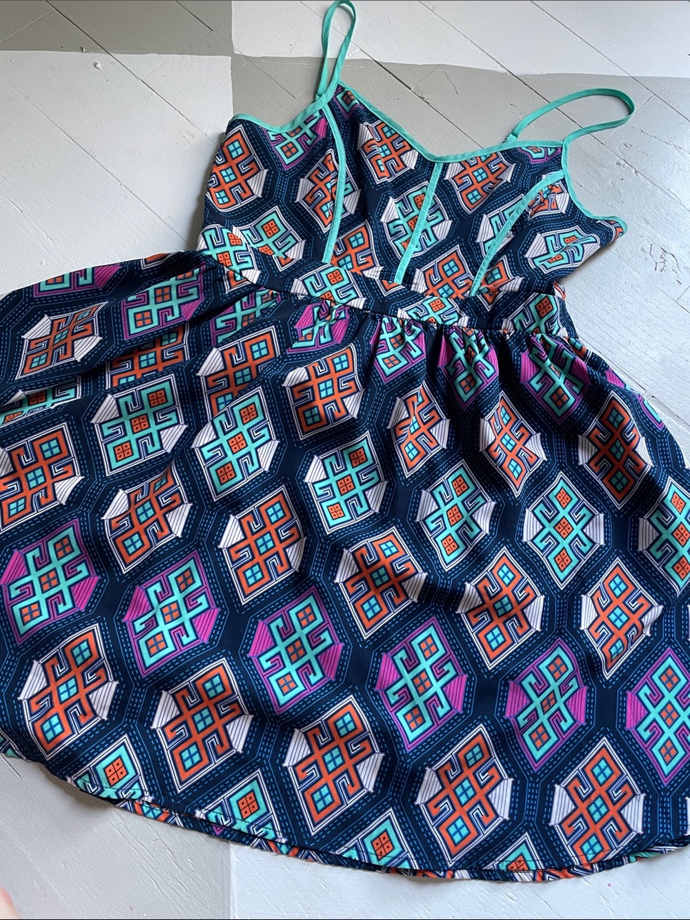 Girls Navy Geometric Print Sundress with Teal Trim